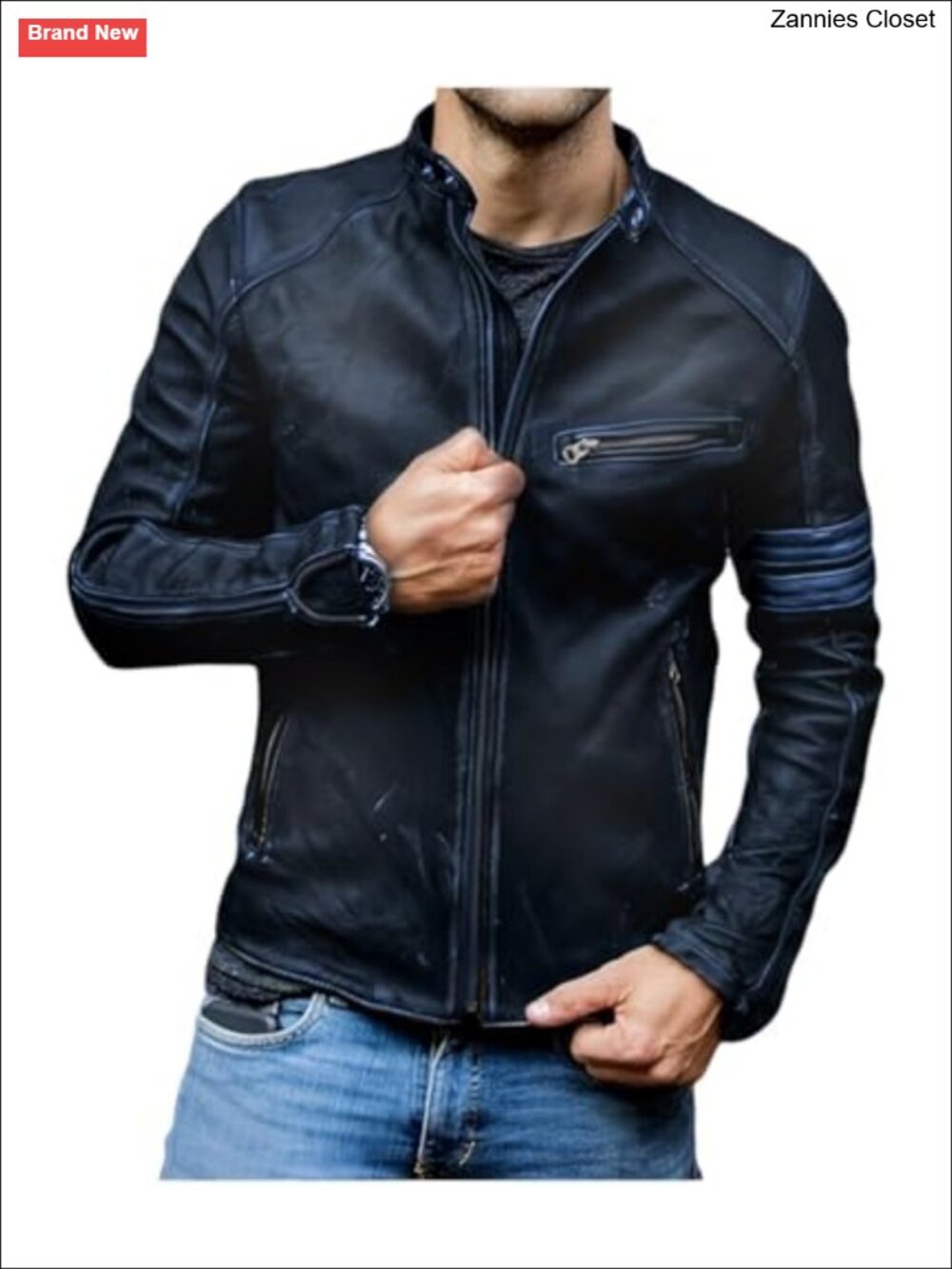 Distressed Lambskin Leather CafΓ© Racer Moto Jacket Stand Collar Zip Pockets